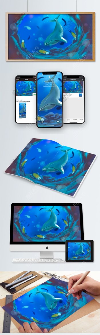 深海岩洞的蓝鲸原创插画