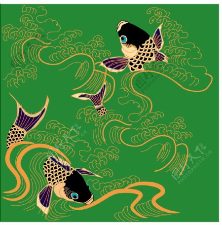 绿色花纹金鱼装饰图