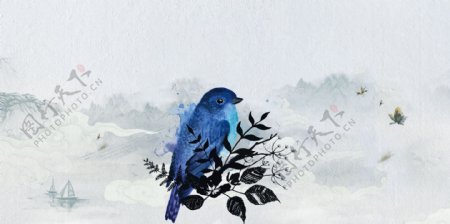 创意彩绘蓝色小鸟花枝背景设计