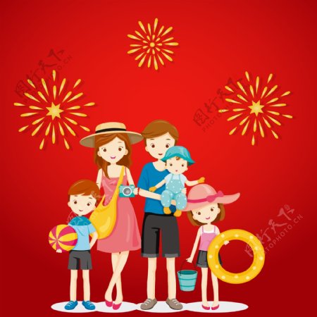 矢量手绘春节一家人旅游鞭炮大红海报背景