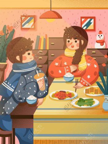 扁平温馨家庭冬季情侣日常吃饭用餐同居生活