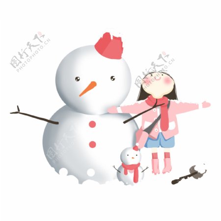 手绘卡通可爱女孩堆雪人装饰素材