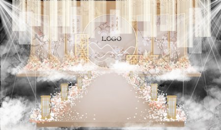 香槟色新中式婚礼舞台背景设计