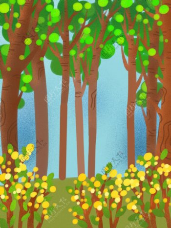 清新彩绘春季树林背景设计