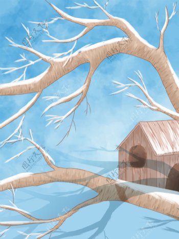 手绘蓝色树枝小屋背景设计