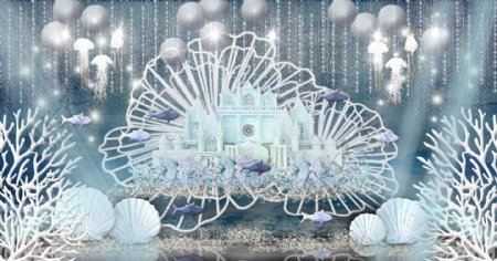 海洋风海底城堡花瓣雕塑珊瑚水母婚礼效果图