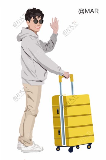 原创插画拉着行李箱的男生