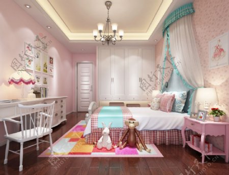 粉色公主房卧室效果图3D模型