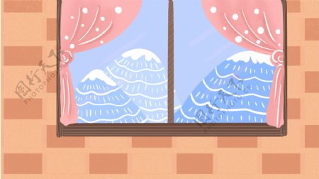 彩绘冬季窗外雪景背景设计