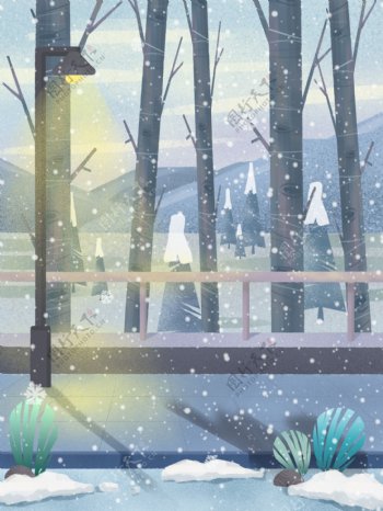 冬季小寒节气雪景树林背景设计