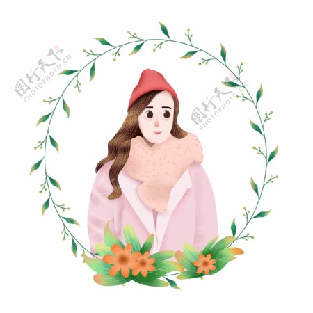 手绘植物花环里冬日戴红帽的女孩人物元素