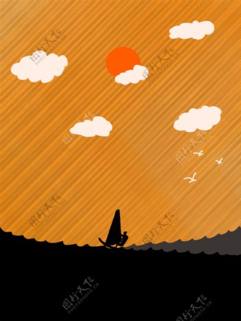 橙色航海系列简约清新黄昏冲浪广告背景