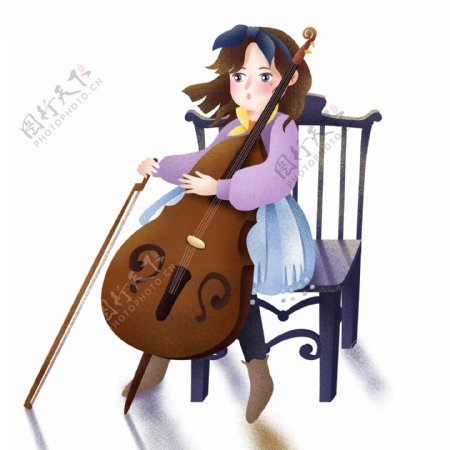 唯美手绘拉大提琴的少女设计
