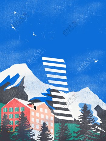 彩绘蓝色雪山背景设计