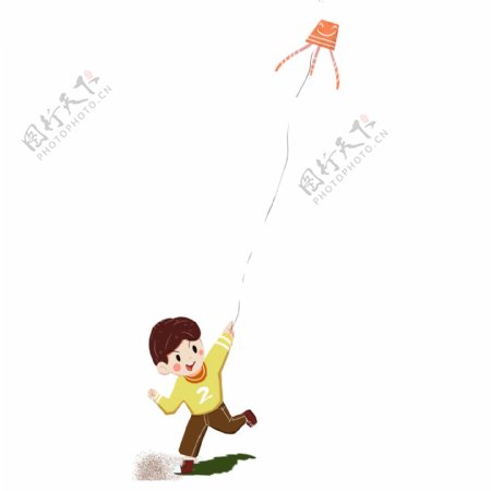 卡通手绘春天放风筝的小男孩