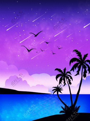 原创紫色天空梦幻海边海岛椰树背景