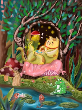 夏天森林猫咪晚安女孩荷塘青蛙背景设计