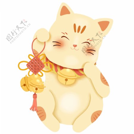 中国传统节日过年招财猫可爱卡通金铃铛免扣png