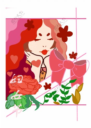 三八妇女节红色蝴蝶结手绘插画