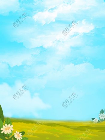 蓝色云彩天空草地夏季背景图