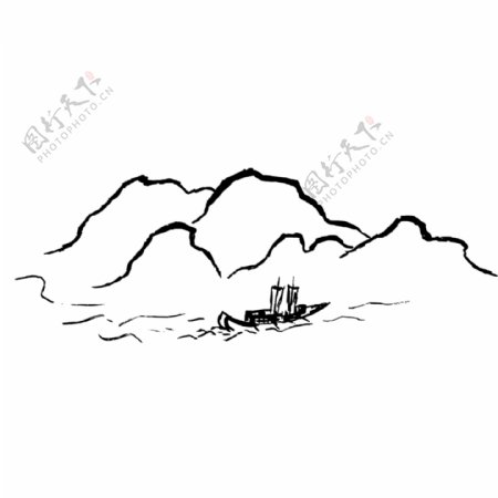 中国风水墨山水黑白古代船只电商广告美化PNG免扣