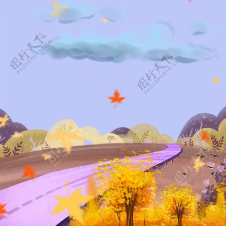 手绘卡通风秋季枫叶弯曲的路主图背景