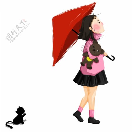 手绘乘着红伞的女孩人物设计