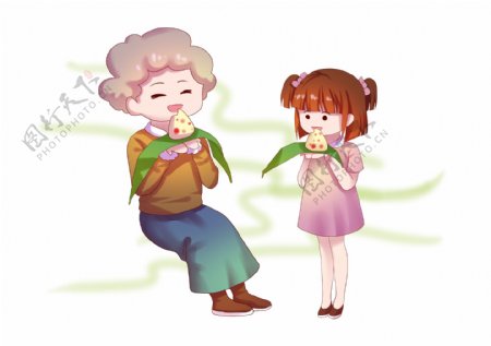 端午节奶奶和孙女一起吃粽子