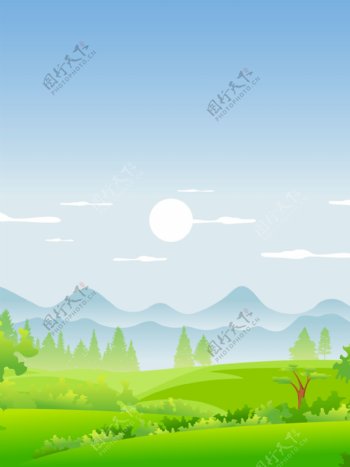卡通绿色草地夏天山间自然风光背景图