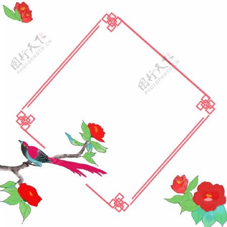 边框中国风花鸟植物壁画装饰
