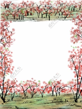 春天景色桃花林清明风景装饰边框国画水墨PNG