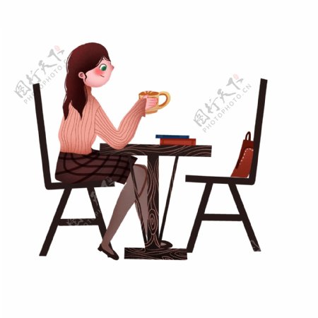 卡通休闲喝咖啡的女人