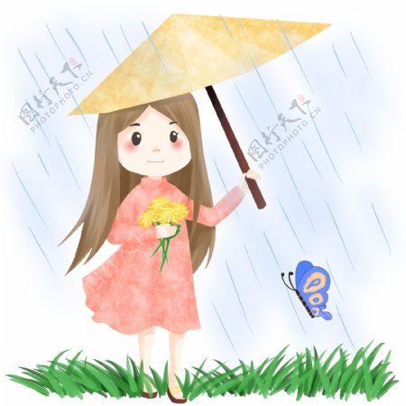 清明节撑伞拿花的女孩插画