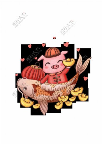手绘中国风锦鲤和微笑的小猪