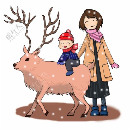 冬天妈妈和骑麋鹿小孩卡通手绘插画