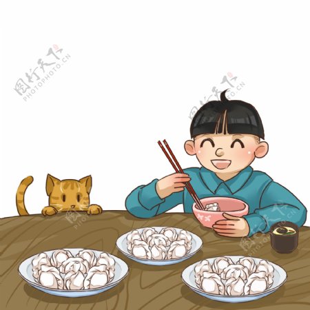 冬至小男孩吃饺子