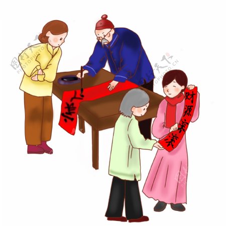 春节写红色对联插画