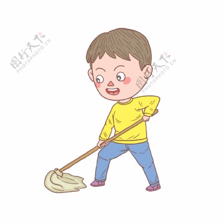 卡通手绘人物打扫卫生男孩