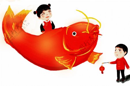 春节新年孔明灯红色衣服女孩手绘喜庆传统节日