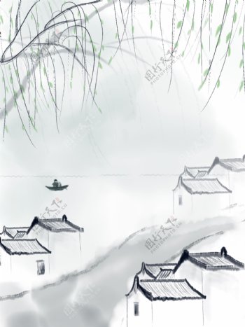 中国风水墨古建筑柳树江边小路村庄场景背景