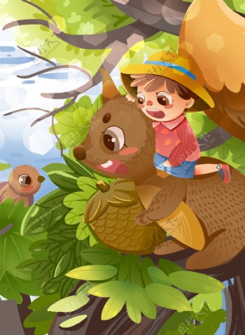 可爱卡通风世界森林日骑在松树上的小男孩插画