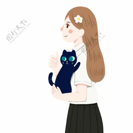 温馨手绘抱着一只猫咪的女孩