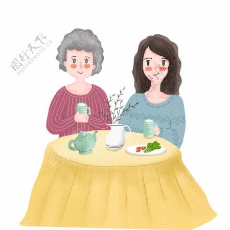 母亲节一起吃饭的母女俩温馨场景设计