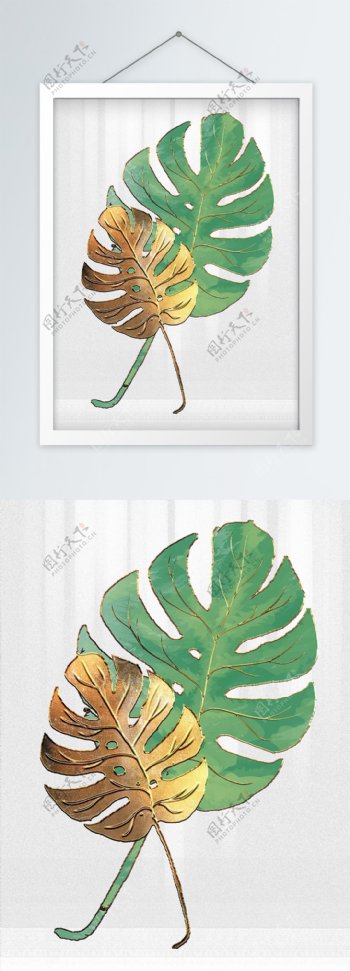 北欧风质感创意金色龟背竹植物装饰画