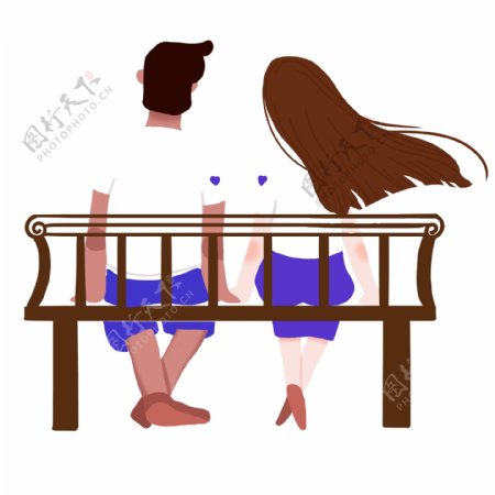 卡通创意坐在公园长椅的一对情侣背影人物