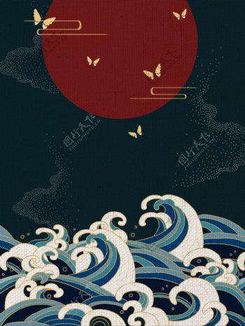 中国风浪花圆月背景设计