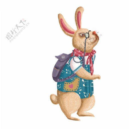 复古肌理背着背包去旅行的兔子插画设计