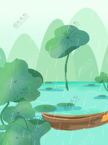 手绘夏季荷塘木船背景设计
