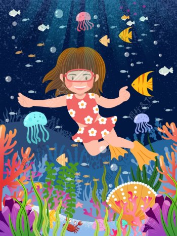 世界海洋日女孩潜水与鱼嬉戏插画