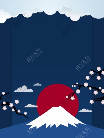 蓝色日系樱花富士山背景